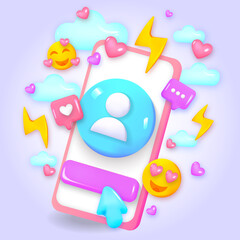 3D Online Social media communication platform concept. Comment and Follower. Phone with emoji, comment, love, like. 3d render illustration