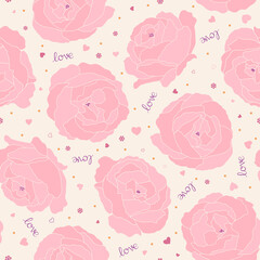 Seamless pattern of large pink roses surrounded by small hearts, love text, flowers and polka dots.
