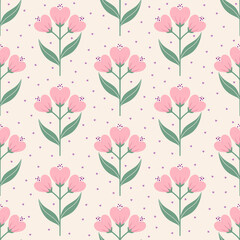 Seamless pattern of pink heart shaped flowers surrounded by tiny purple hearts. 
