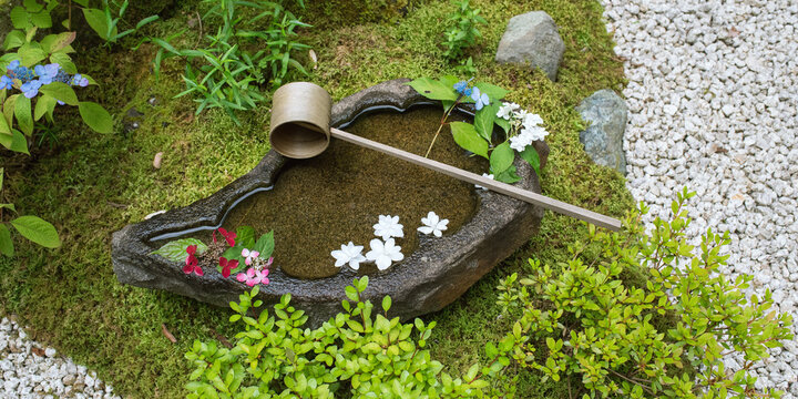 Japanese Chozubachi stone water basin and dipper　花びらの浮かんだ手水鉢と柄杓 鎌倉の一条恵観山荘