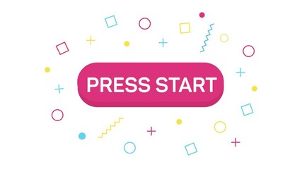 Animation text Press start text of trendy memphis banner in flat style with geometric shapes. Banner, poster and sticker concept. 4K Video motion graphic - Powered by Adobe