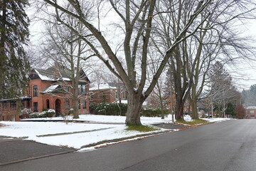 A house next to a large tree in a small town it snowed late autumn road 