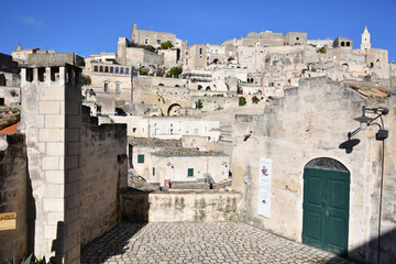 Old houses in a street of Matera, an old city in the Basilicata region, Italy.