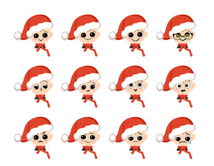 Boy with big eyes and different emotions in red Santa hat. Cute kid with joyful or sad face in festive costume for New Year and Christmas. Head of adorable child