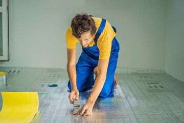 Master installs the overlapping thermal insulation in the room. Floor heating installation. Male...