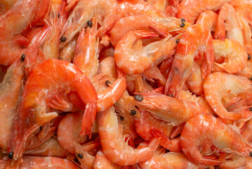 Shrimps background texture. A lot of shrimps. Cooked shrimps.