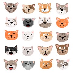 Funny cats face emotions. Hand draw vector illustration. Animals emtion set. Cute cat characters head, happy and angry, sad and haughty mood.