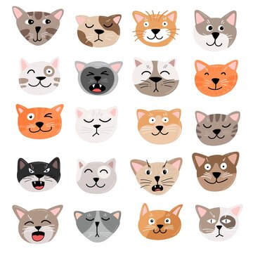 Funny cats face emotions. Hand draw vector illustration. Animals emtion set. Cute cat characters head, happy and angry, sad and haughty mood.