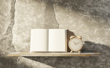 Book presentation on a shelf with a clock surrounded by stone wall. 3D rendering.