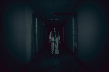 Portrait of asian woman make up ghost,Scary horror scene for background,Halloween festival concept,Ghost movies poster