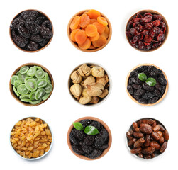 Set with different tasty dried fruits on white background, top view