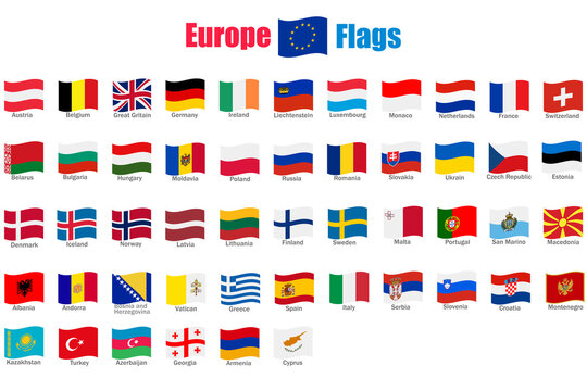All Europe contries flags. State flags of European countries isolated on white background.