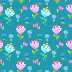Seamless pattern of flowers drawn with markers on a  blue green background. For fabric, sketchbook, wallpaper, wrapping paper.