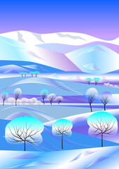 Winter landscape. Mountains, hills, snow-covered trees. Multi-colored snow. Blue, white, lilac, pink. Vertical. Vector illustration. 
