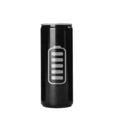 Can of energy drink with picture of fully charged battery on white background