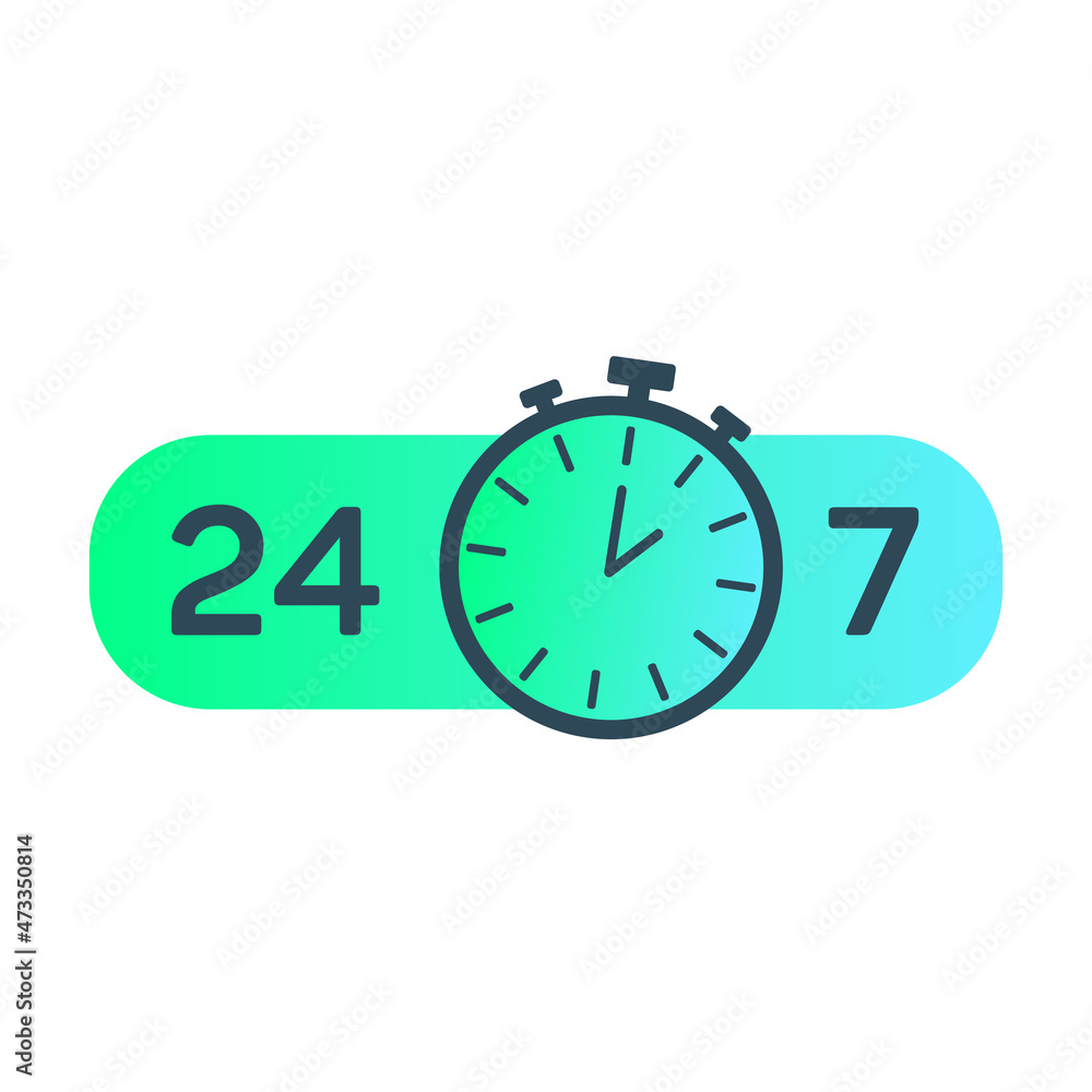 Poster 24-7 service. 24 hours a day and 7 days a week service icon. support service concept with stopwatch 