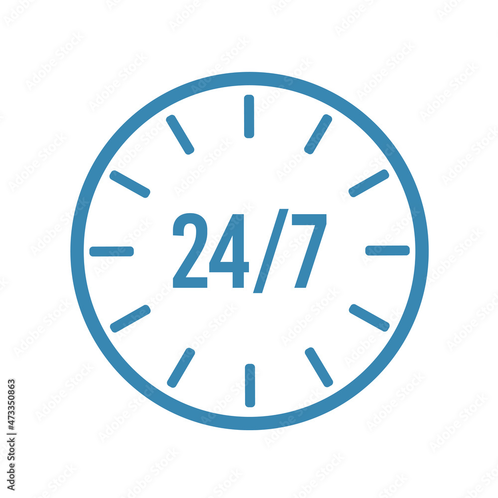 Poster 24 7 clock circle arrow for nonstop service icon. non stop, twenty four hours support. 24 7 service 