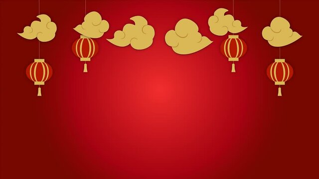 Happy Chinese New Year.Abstract clouds with chinese laterns on red gradient background.
