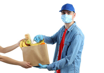 Delivery man give bag with food, isolated on white background