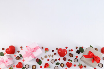 Flat lay composition with Valentine day accessories on white background