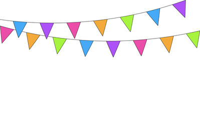 Banner with multicolored flags on white background. Decorative colorful party pennants for birthday celebration, festival and fair decoration. Carnival garland. Vector illustration