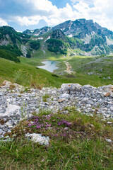 Mountain range and small glacial lake with background of green hills and cloudy blue sky. Durmitor National Park. Montenegro.