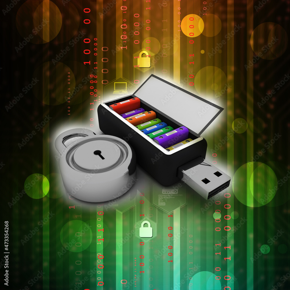 Poster 3d rendering data pendriver with lock