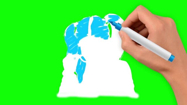 Beautiful young girl with blue hair, red lips and sunglasses is hand drawn on a green background.