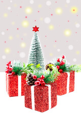 red boxes with Christmas gifts, a Christmas tree with a red star on a gray background with bokeh