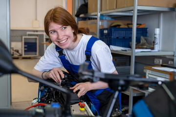 Smiling female technician looking away while working at workshop