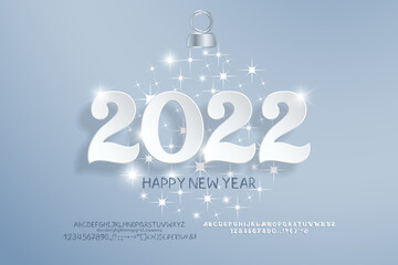 Holiday poster Happy New Year. Ornate numbers paper cut style on gray gradient background with sparkling stars ball shape. Two vector fonts sets are included