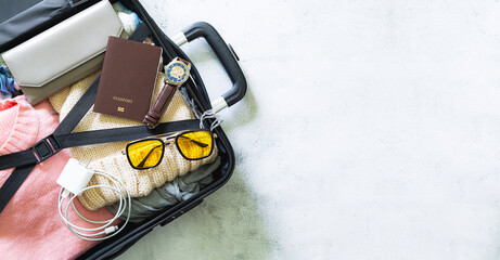 luggage and travel,costume Travel equipment. Passport, suitcase, sunglasses, travel map fee...