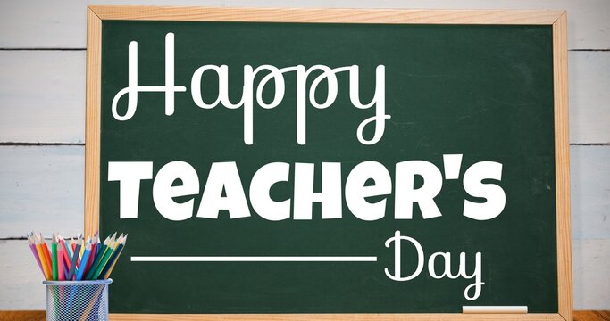 Composite image of happy teacher's day text on greenboard in school