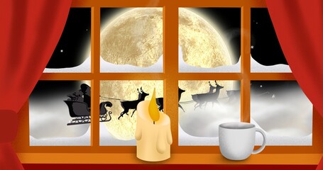 Digitally generated image of santa sleigh seen through window during full moon night, copy space