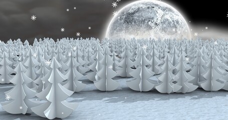 Vector image of snow covered trees during full moon night, copy space