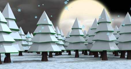 Vector image of snow covered pine trees during full moon night, copy space