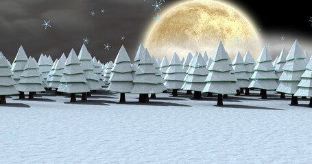 Vector image of snow covered pine trees at full moon night, copy space