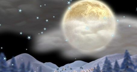 Digitally generated image of snow covered mountains during full moon night, copy space