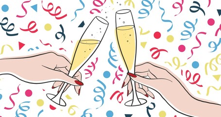 Illustration of women toasting champagne flutes with confetti over white background