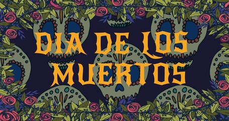 Vector image of dia de los muertos text with skulls and spooky background