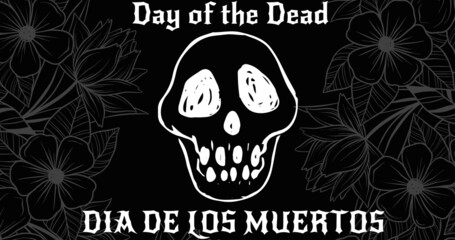 Vector image of day of the dead text and spooky skull over black background, copy space