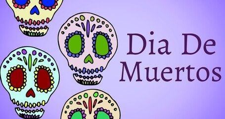 Dia de los muertos text with colorful patterned skulls against purple background, copy space