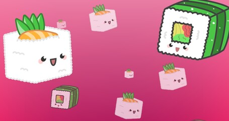 Digitally generated image of food with smiley faces against pink background