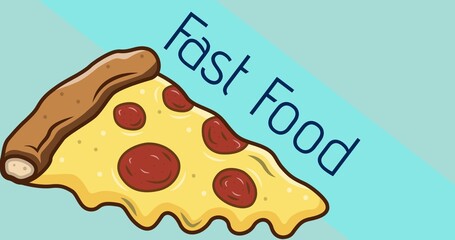 Vector image of pizza slice and fast food text against blue background, copy space