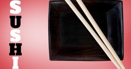 Composition of sushi text with chopsticks and bowl on pink background, copy space