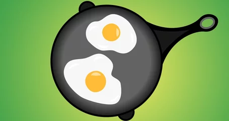 Meubelstickers Digitally generated image of fried egg in pan over green background with copy space, sunny side up © vectorfusionart
