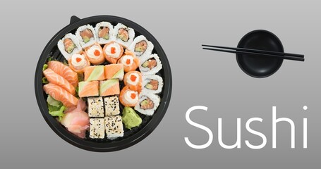 Composite image of sushi dish with chopsticks and bowl by text on gray background, copy space