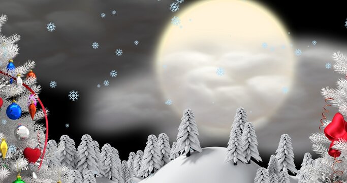 Vector image of decorated christmas tree and snow covered pine trees at full moon night, copy space