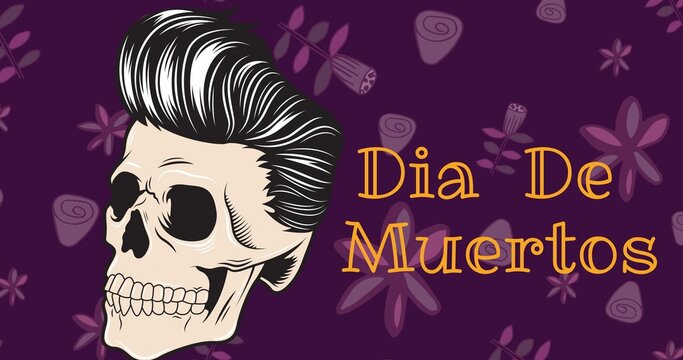 Vector image of dia de muertos text with spooky skull over purple background