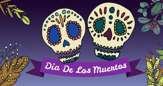 Vector image of dia de los muertos text with colorful skulls against blue background, copy space